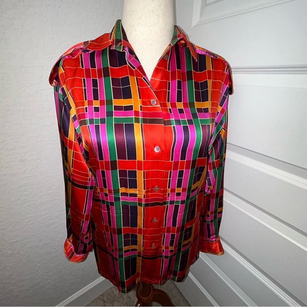Vintage Helene Sidel Colorblock Silk Button Front Long Sleeve Shirt Blouse Top